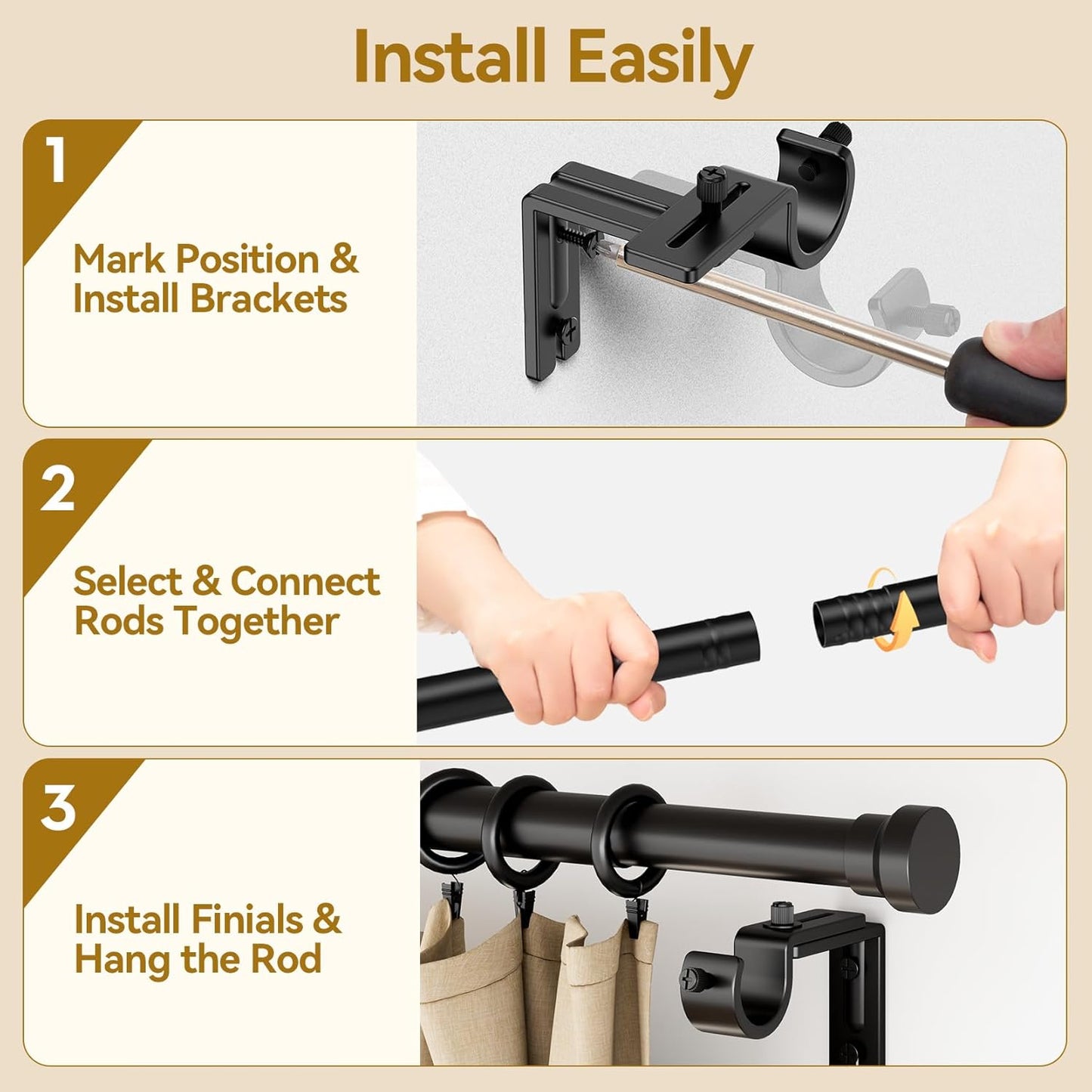 YaFex Curtain Rods - Heavy Duty 1 Inch Adjustable Window Treatment Rods | 32-170 Inch, Black, Modern Design