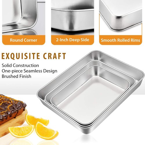 E-far Stainless Steel Baking Pans Set of 3 | Non-Toxic Rectangle Bakeware for Cakes & Lasagna - 12.5/10.5/9.4 Inch