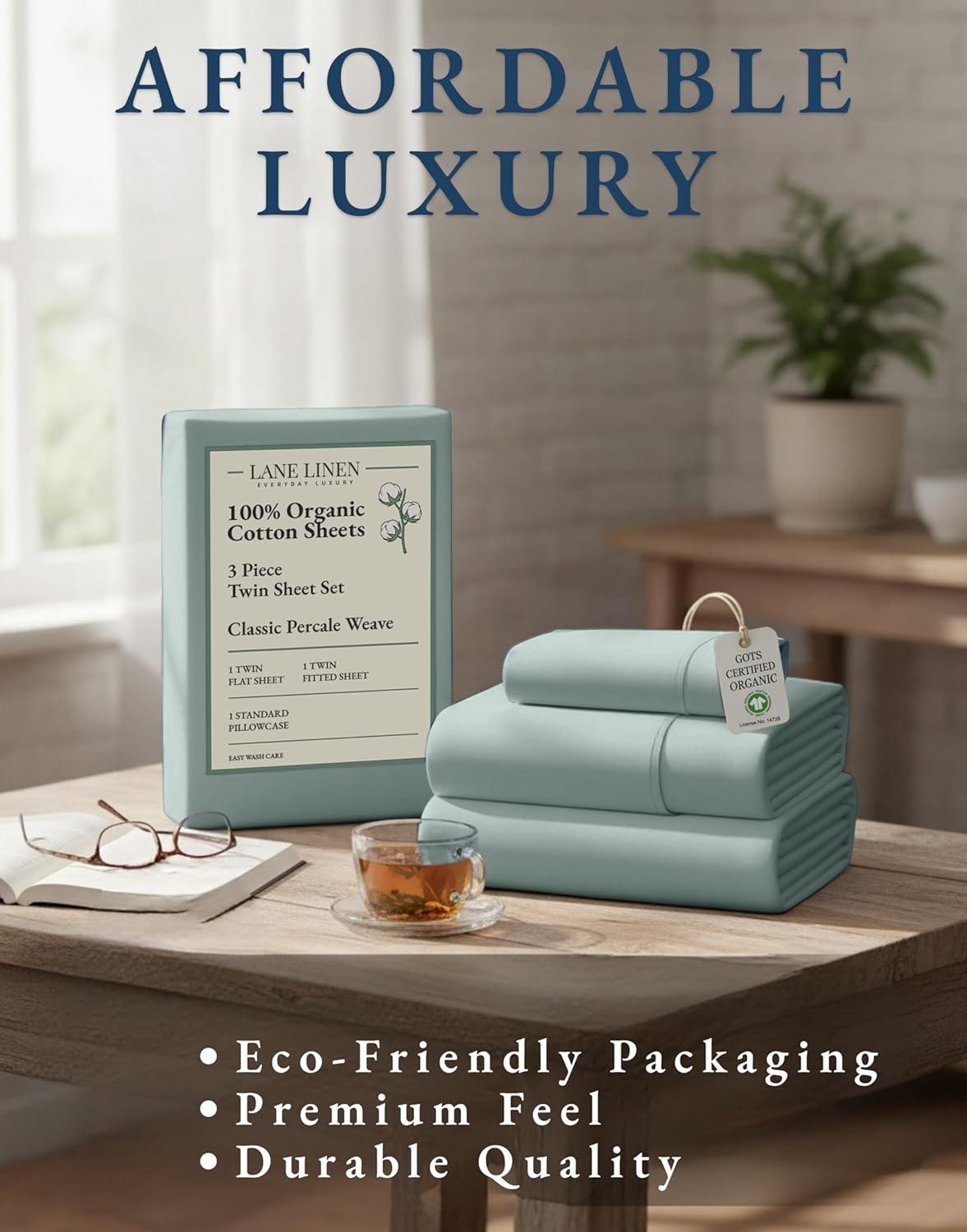 LANE LINEN Organic Cotton Twin Bed Sheet Set - Eco-Friendly, Mercerized, 15" Deep Pocket - French Blue