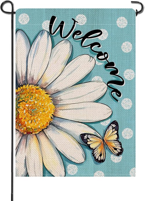 Artofy Welcome Spring Summer Daisy Flower Small Decorative Garden Flag, Floral Butterfly Blue Yard Lawn Outside Decor, Polka Dots Seasonal Burlap Outdoor Home Decoration Double Sided 12 x 18
