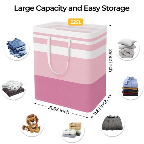 HomeHacks 2 Pack Large Laundry Baskets, Waterproof, Freestanding Laundry Hampers, Collapsible Clothes Hamper with Reinforced Handles in Laundry, College Dorm, Bathroom, Bedroom (Grey+Pink, 125Lx2)