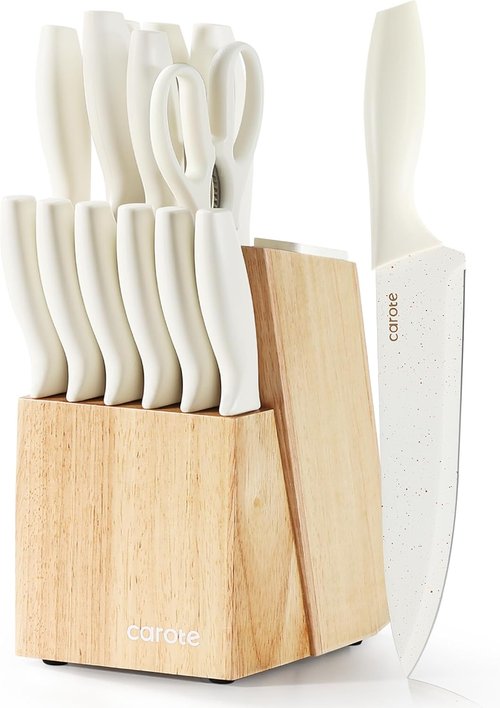 CAROTE 15-Piece Knife Set - Elegant White Ceramic-Coated Blades with Stylish Wooden Block for Modern Kitchens