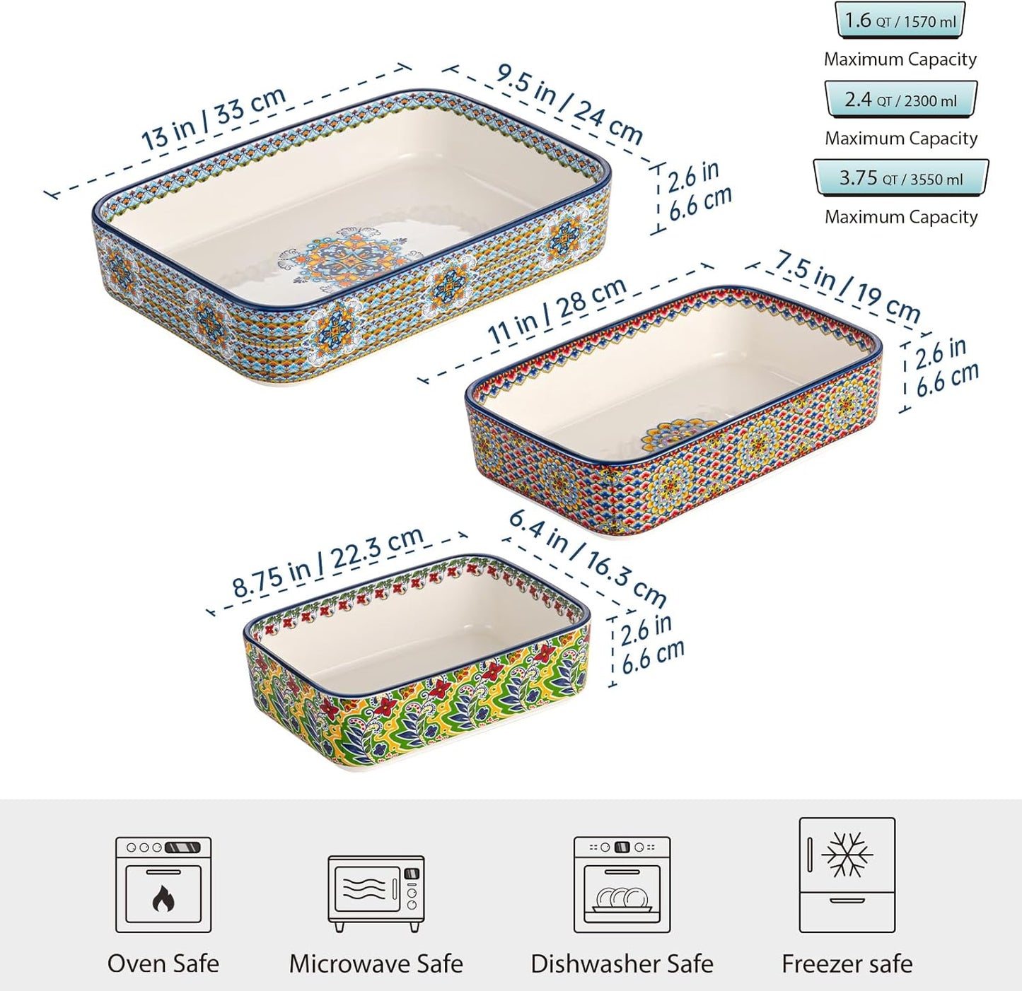 Regine Switzerland Ceramic Casserole Dishes Set of 3 - Stylish Rectangular Bakeware for Baking & Roasting