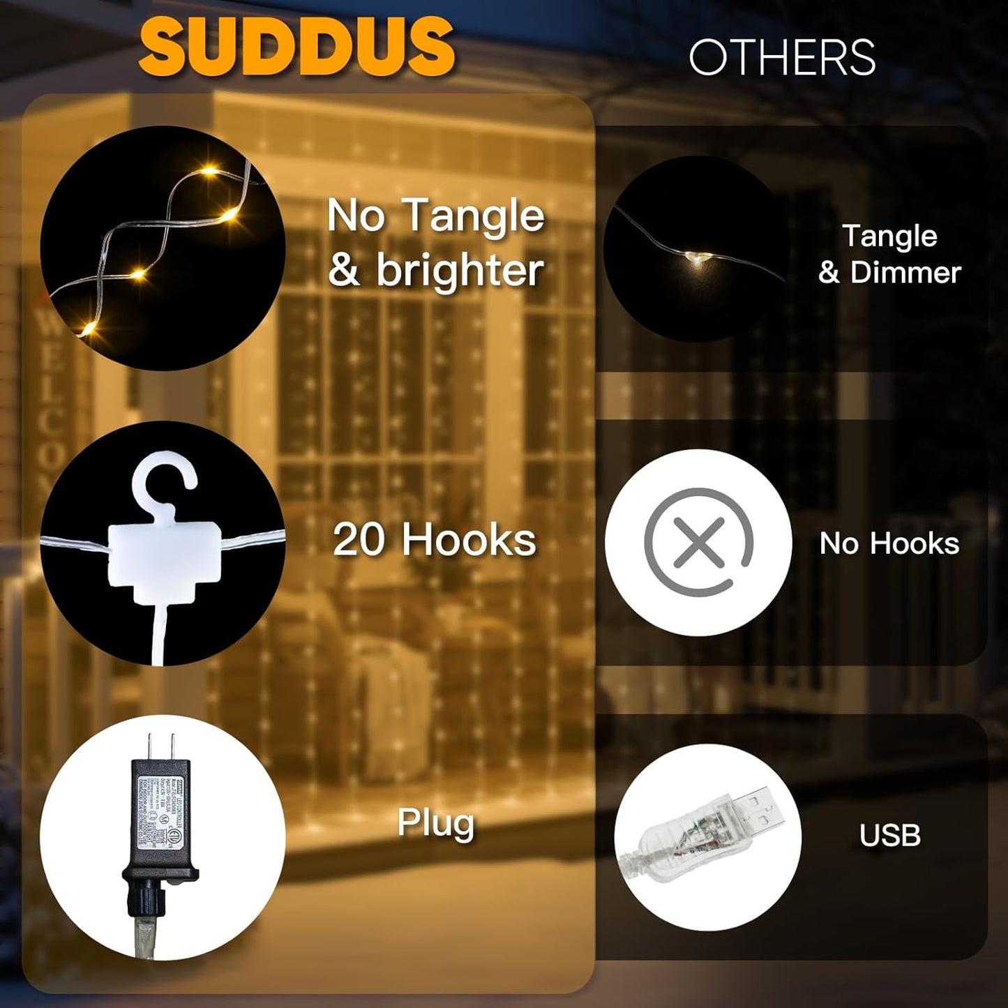 Suddus Tangle-Free Curtain Lights - 400 LED Waterproof Hanging Lights for Christmas & Events | Warm White