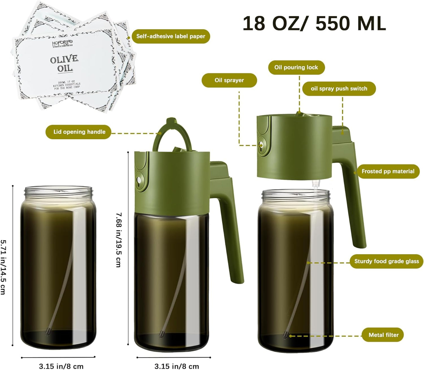 Skiennix Olive Oil Dispenser Bottle - 2 In 1 Sprayer for Cooking | 17oz/500ml, Light Blockage, Green