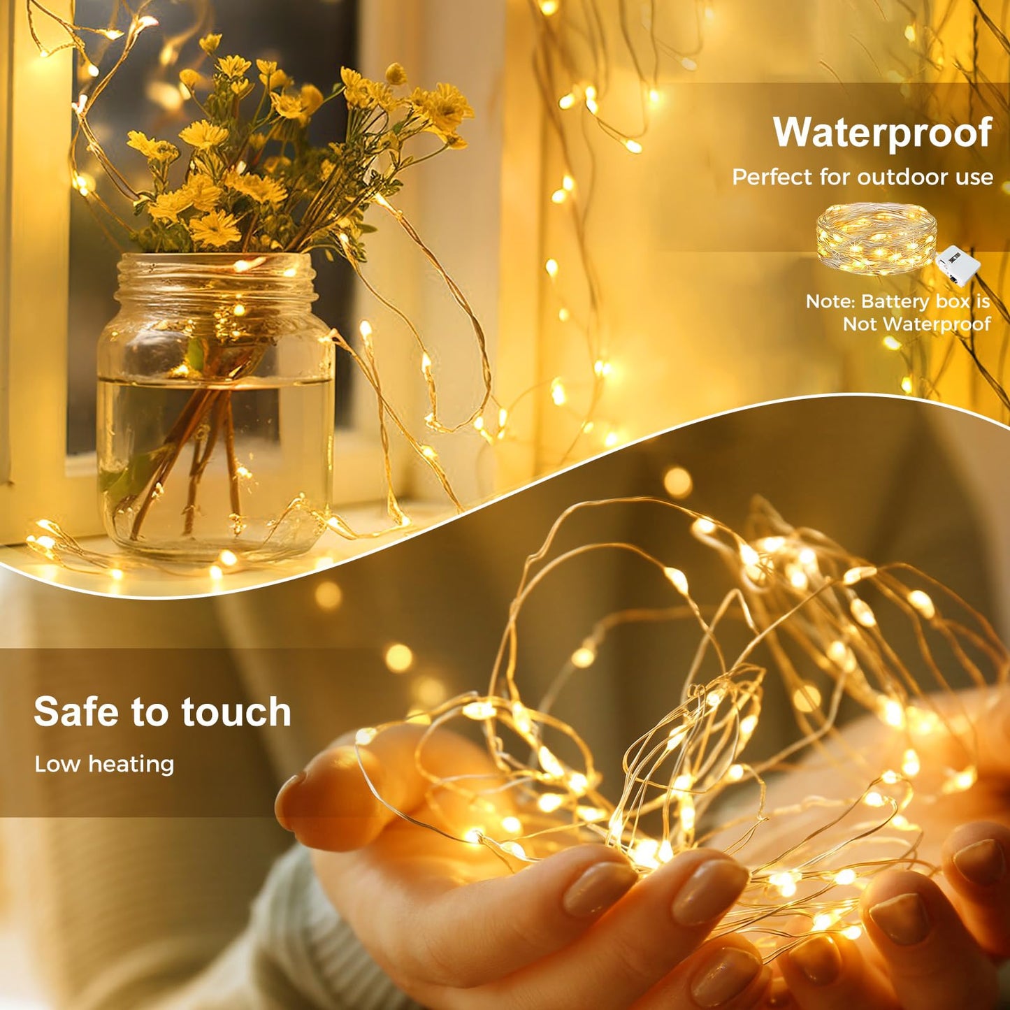 kolpop 3 Pack LED Fairy Lights Battery Operated, Mini Twinkle String Lights Battery Powered Waterproof for Christmas Mason Jars Party,Warm White