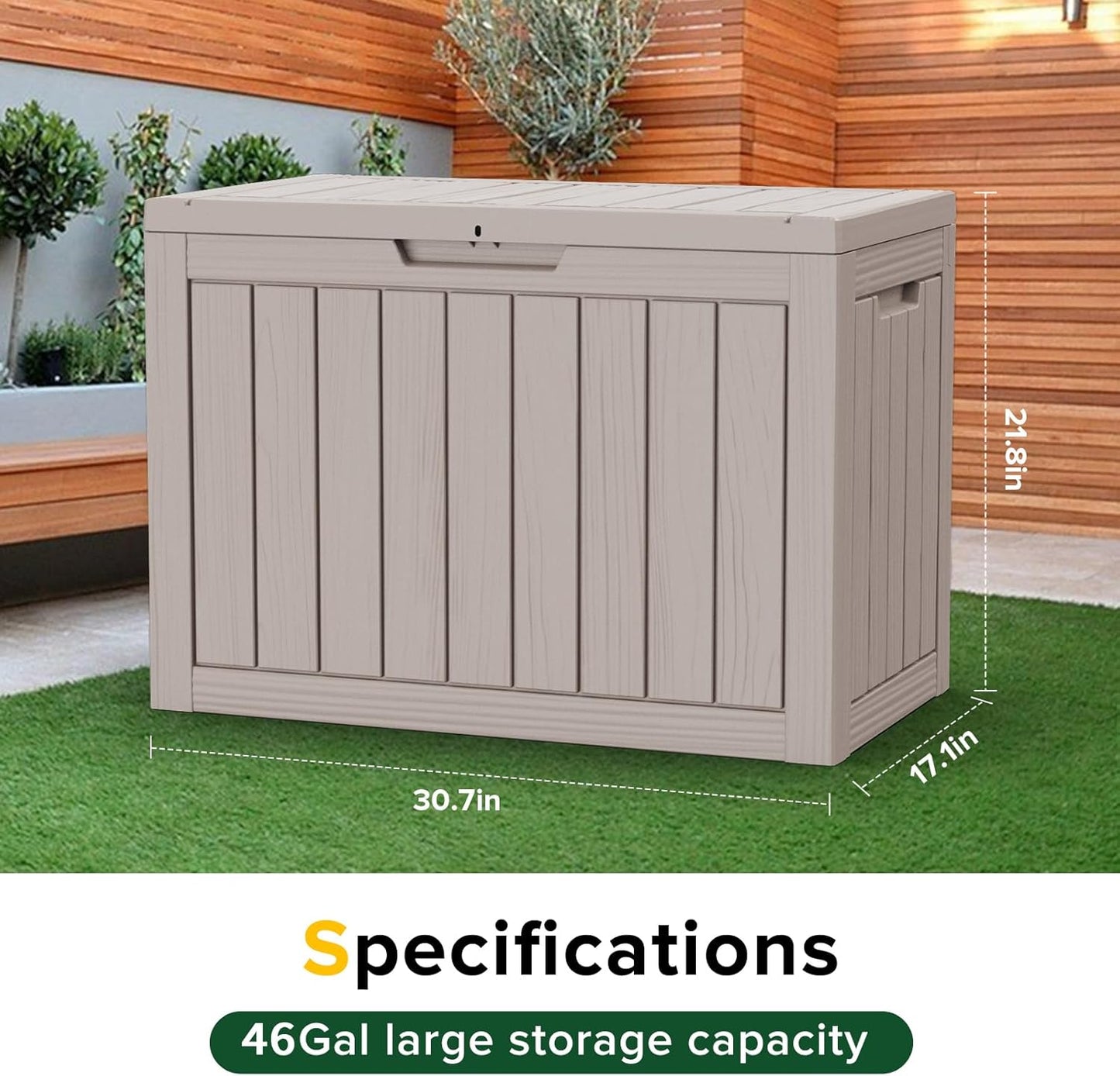 Skiennix 46 Gallon Outdoor Deck Box - Lockable Waterproof Storage for Garden Tools & Cushions | Grey