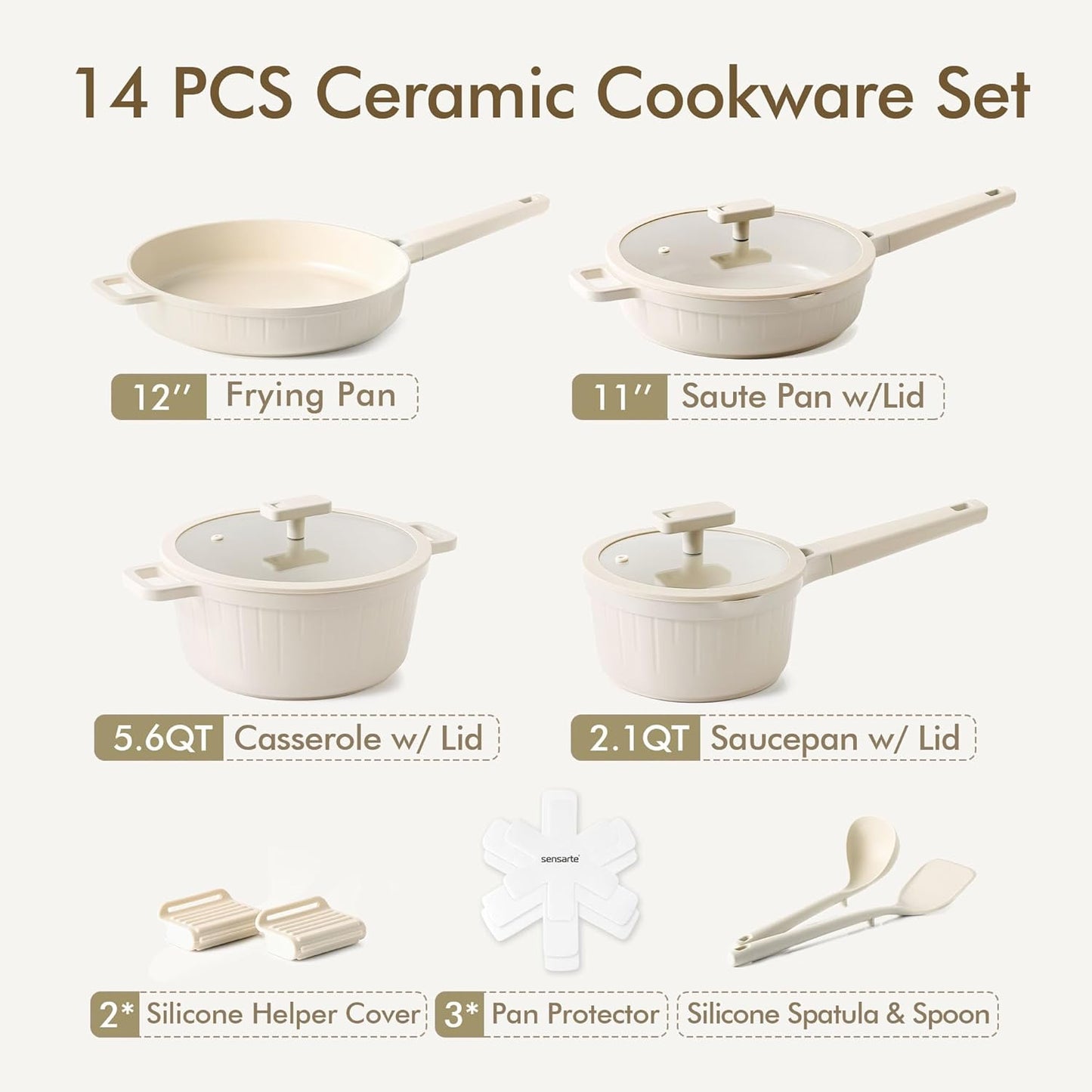 SENSARTE Ceramic Cookware Set - 14 Pcs Non-Toxic Nonstick Pots & Pans | Dishwasher Safe & Induction Ready