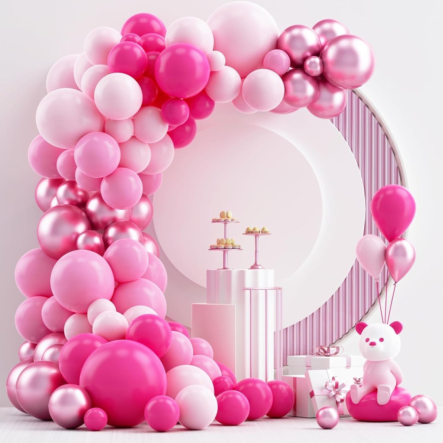 NISOCY Pink Balloons Garland Arch Kit - 124pcs Hot Pink Metallic Balloons for Valentine's Day & Birthday Decor