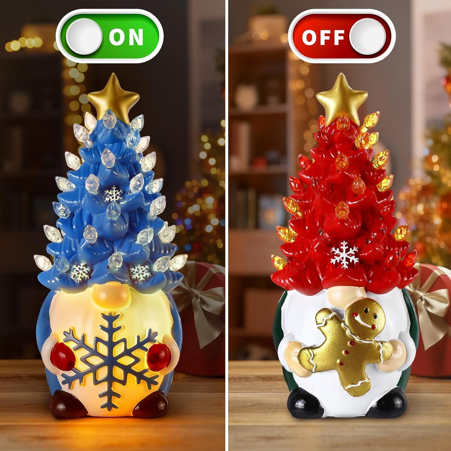 Riakrum Gnome Christmas Tree Decor - Lighted Gingerbread Man & Snowflakes | 6.5” Resin Figurines for Indoor Centerpieces
