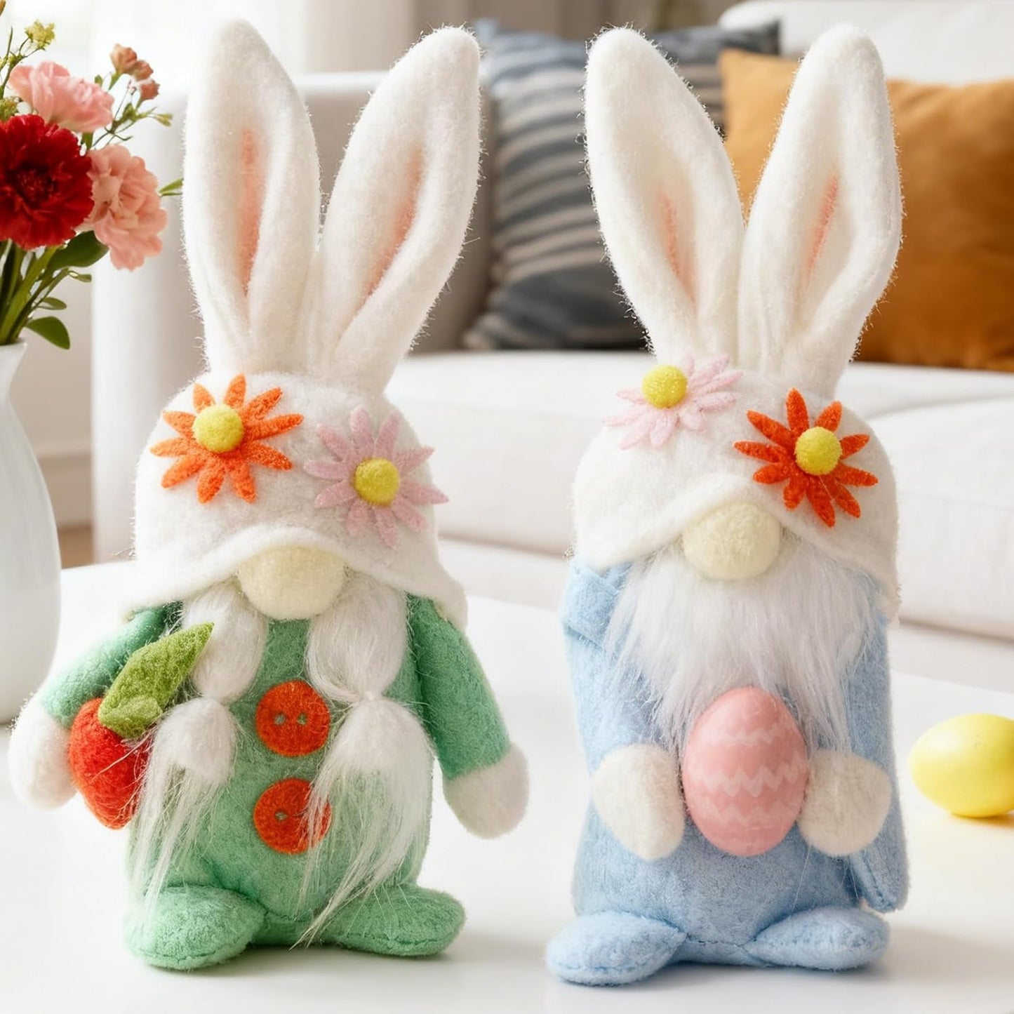 WDS Wondrous Easter Decorations - 2-Pc Bunny Gnome Stuffed Dolls with Carrot & Egg | Cute Spring Home Decor