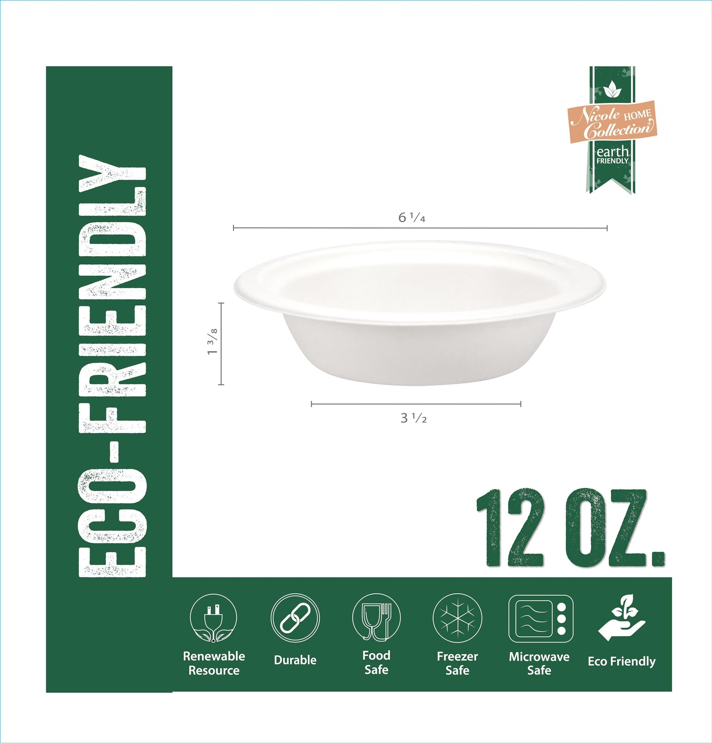 Nicole Home Collection Compostable Heavy Duty 12 oz Disposable Paper Bowls 100% Bagasse Biodegradable Eco-Friendly Natural Sugarcane 100 Count