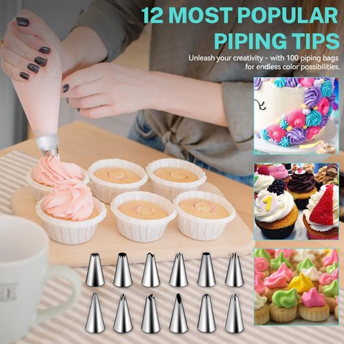 HOTEC Piping Bags and Tips Set, 120 Pcs Cake Decorating Kit with 100pcs 12 Inch Disposable Pastry Bags, 1 Reusable Piping Bags, 12 Piping Tips, 3 Cake Scraper, 2 Couplers, 2 Bag Ties, Baking Supplies