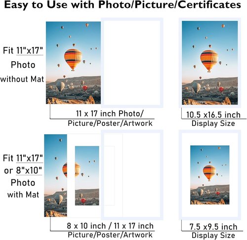 JCJMY 11x17 Picture Frame - White Frame with 8x10 Mat for Photos | Shatter-Resistant Plexiglass