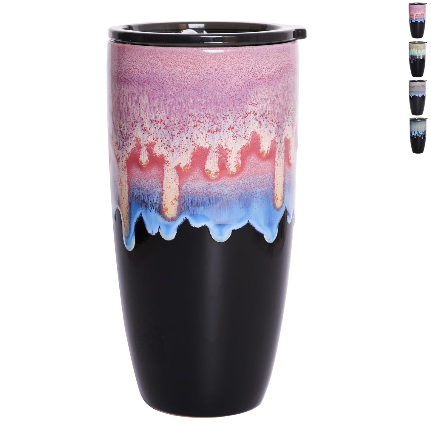 Bosmarlin Ceramic Travel Coffee Cup with Lid, 21 oz, Portable Coffee Mug for Car Cup Holder, Microwave Safe, Reactive Glaze (Pink)