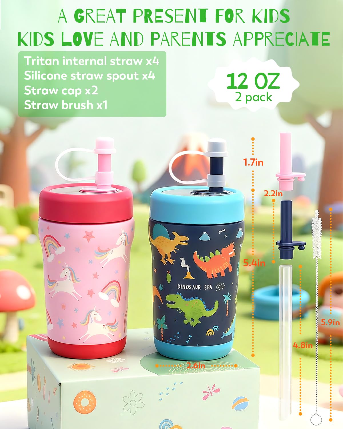 Zukro 12 oz Kids Insulated Stainless Steel Tumbler with Flexible Straw, Spill Proof Double-wall Toddlers Cup with Tritan Lid for Travel or At Home, BPA Free, Non-slip - Dinosaur & Unicorn