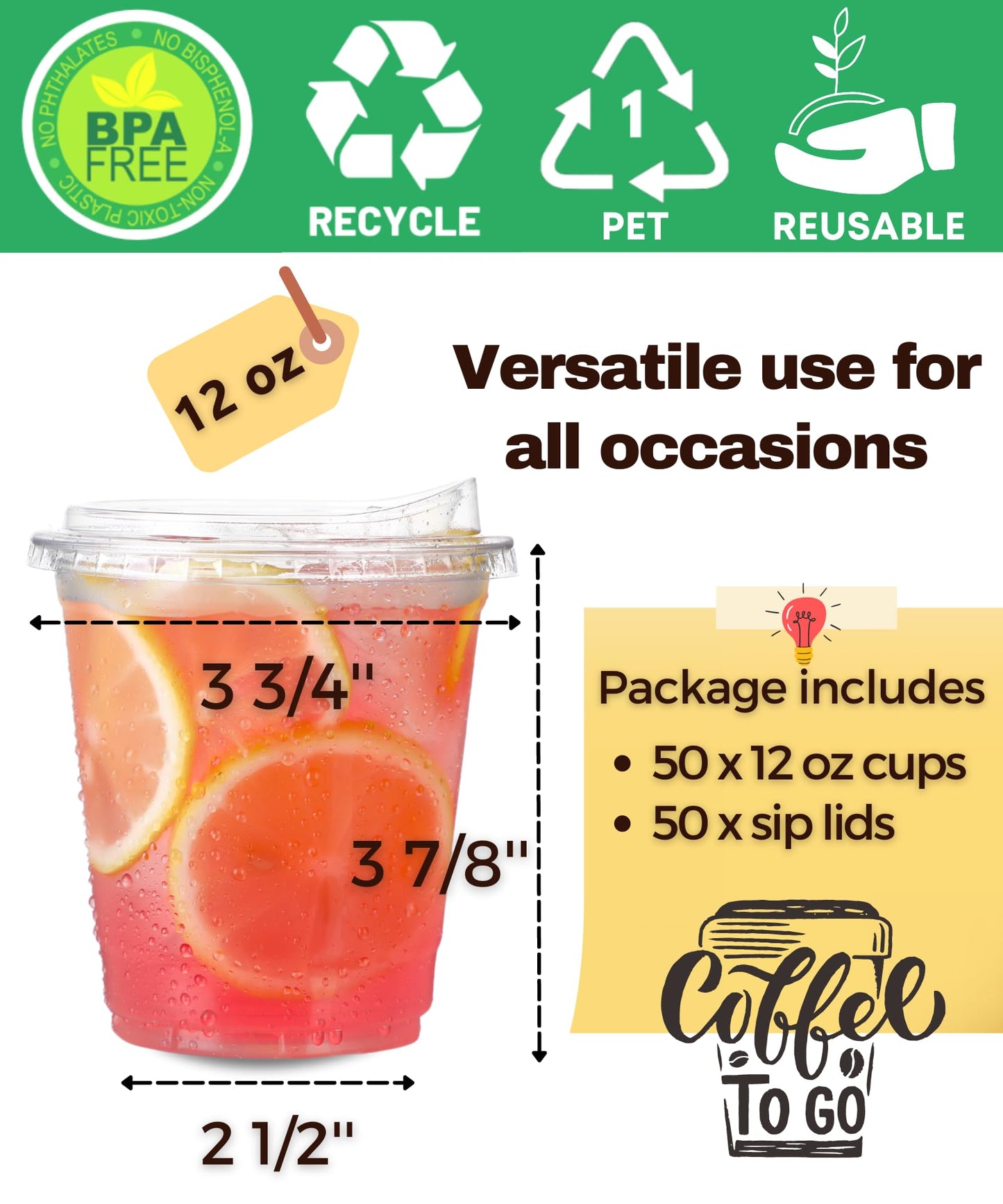 12 oz Clear Plastic Cups with Strawless-Sip-Lids, 50 Sets Disposable Cups Plastic Iced Coffee Cups, To Go Cups with Sip Through Lids for Smoothie, Milkshake, Cold Drinks for Party, Wedding, Event
