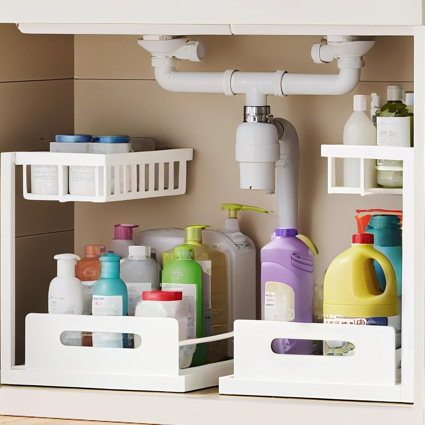 VUSIGN 2-Tier Under Sink Organizer - Slide-Out Cabinet Storage Shelf | 2 Pack, White