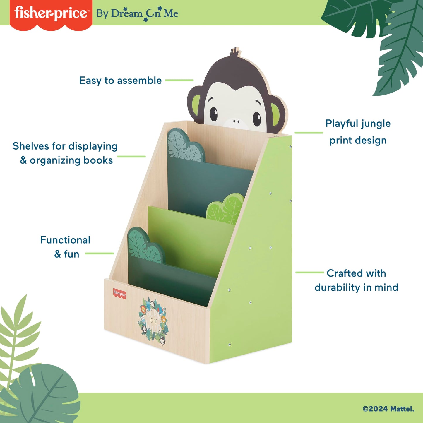 Fisher-Price Fauna Collection Go Bananas Bookcase by Dream On Me, Jungle Print, Easy to Assemble
