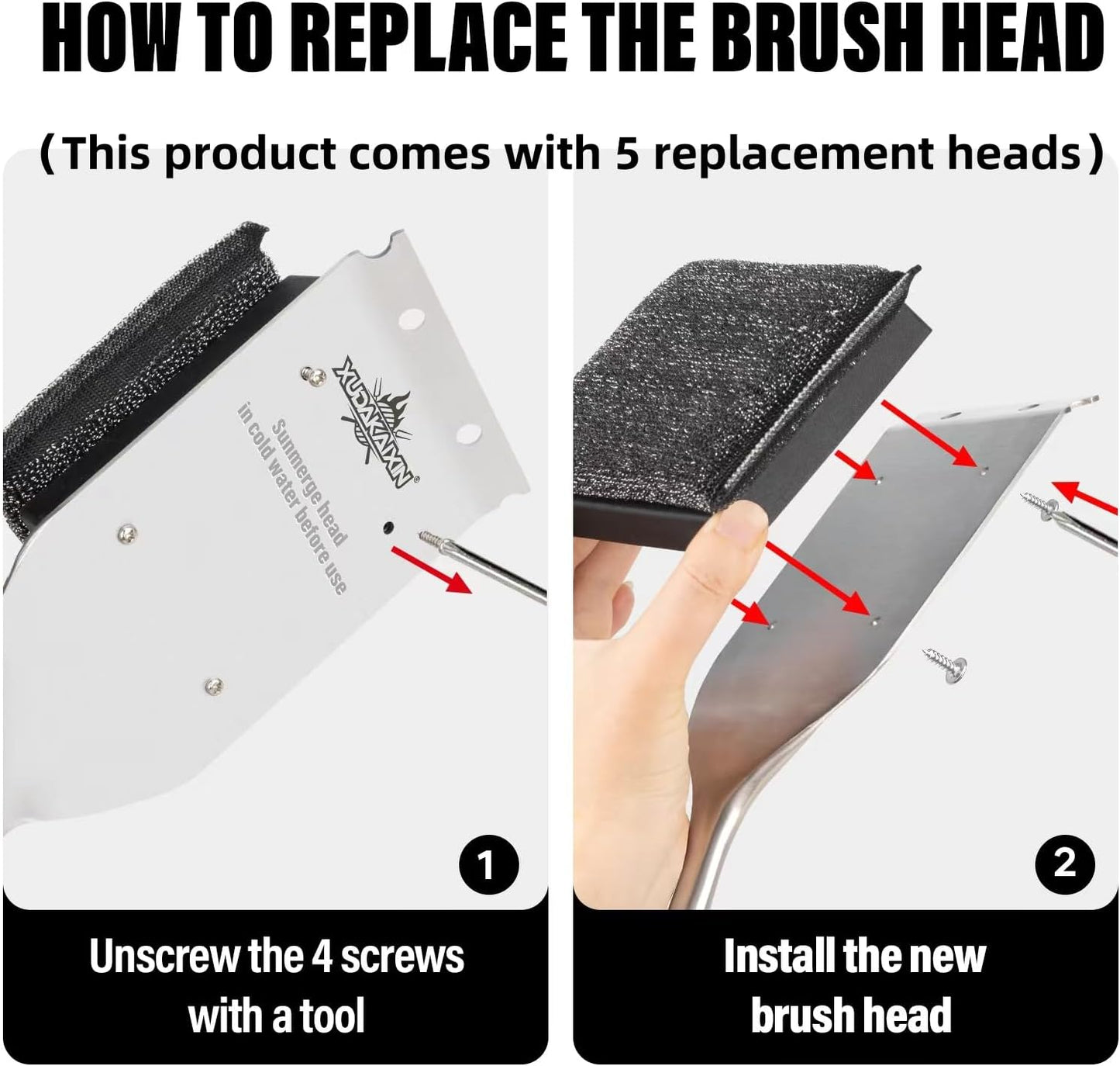 XUDAKAIXIN Grill Brush - Bristle-Free Design with 5 BBQ Replacement Heads | Perfect for Cast Iron & Stainless Steel Grates