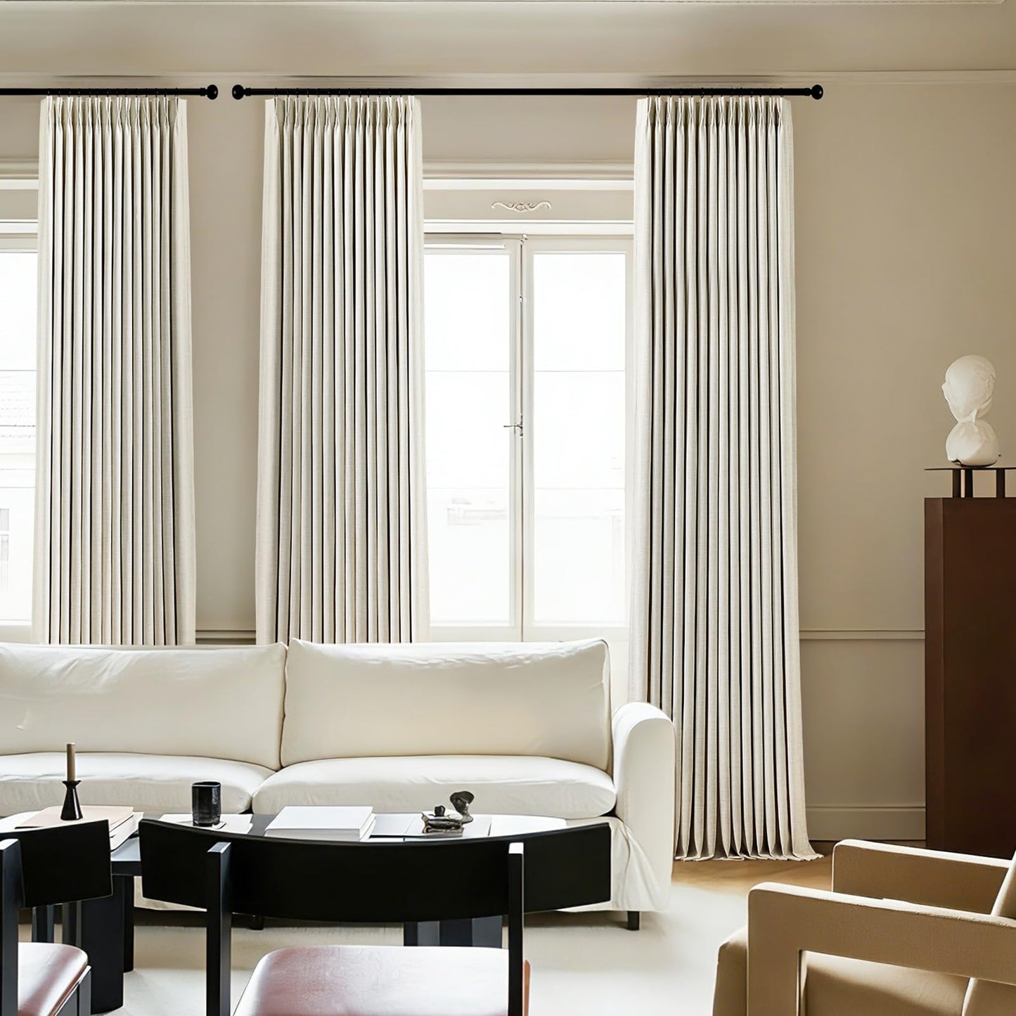 IVAPUPU Pinch Pleated Linen Blackout Curtains for Bedroom, Natural Full Black Out Curtains 84 Inches Long for Living Room Darkening Thermal Insulated Neutral Pleat Drapes with 16 Hooks, 2 Panels