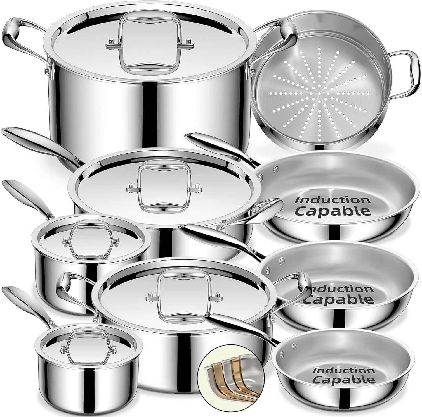 Umite Chef Stainless Steel Cookware Set - 14-Piece Induction-Ready, Heavy-Duty & Oven Safe | PFOA, PTFE & PFOS Free