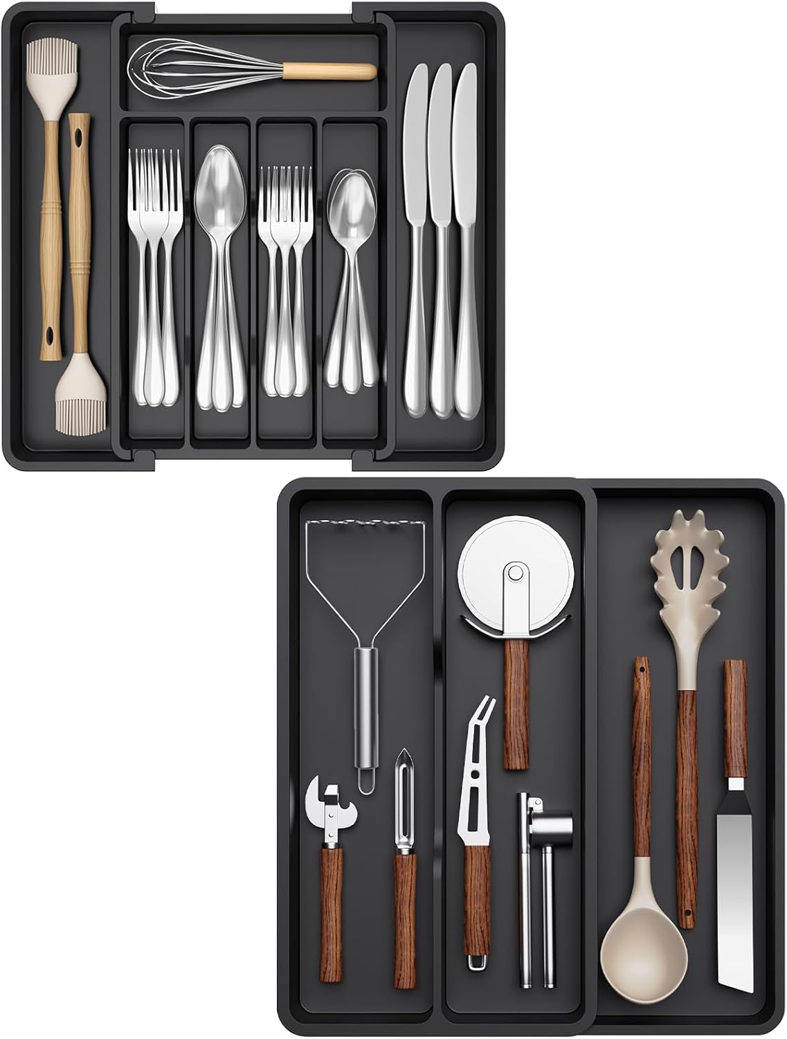 Lifewit Expandable Silverware Organizer Set - Adjustable BPA-Free Plastic for Cutlery & Utensils, Black