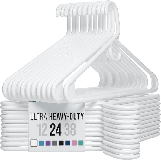 Neaterize Heavy Duty Clothes Hangers - 24 Pack White Plastic Hangers for Coats, Jackets & Suits