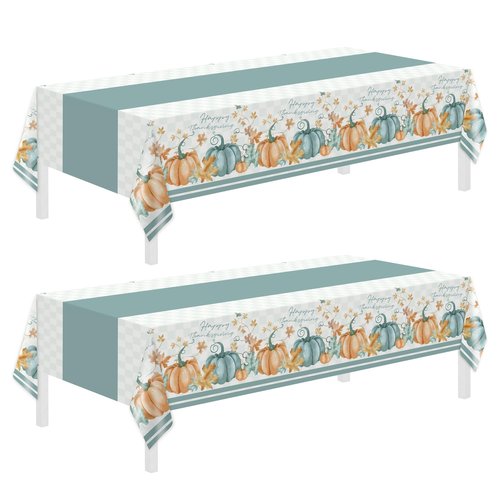 Childom 2 Pack Thanksgiving Tablecloths,Thanksgiving Decorations 54" x 108" Disposable Plastic Tablecloths,Blue Pumpkin Maple Table Covers for Rectangular Table,Home,Dinner,Party,Outdoor Picnic