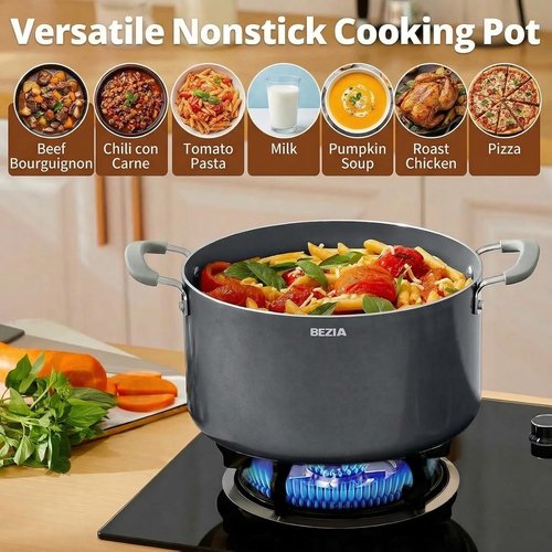 BEZIA Nonstick Stock Pot - 8 Quart Ceramic Soup Pot with Lid, Induction Ready, Stay-Cool Handles, Easy Cleanup
