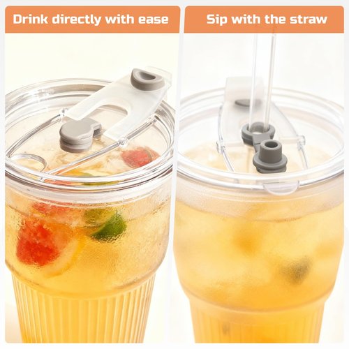 GGOLDMER 4 Pack Glass Tumblers with Lids and Straws, 20oz Iced Coffee Cups with Lids Reusable for Juices, Smoothies, Cocktail, Beer, Tea and Latte - Ribbed Design & Thick Glass