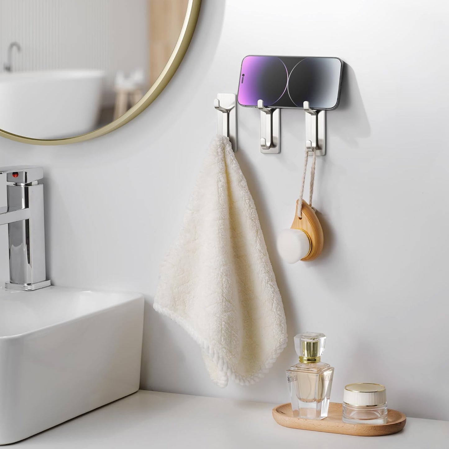 Pickpiff Wall Hooks - 13LB Strong Adhesive Coat and Towel Hanger in Brushed Nickel Finish