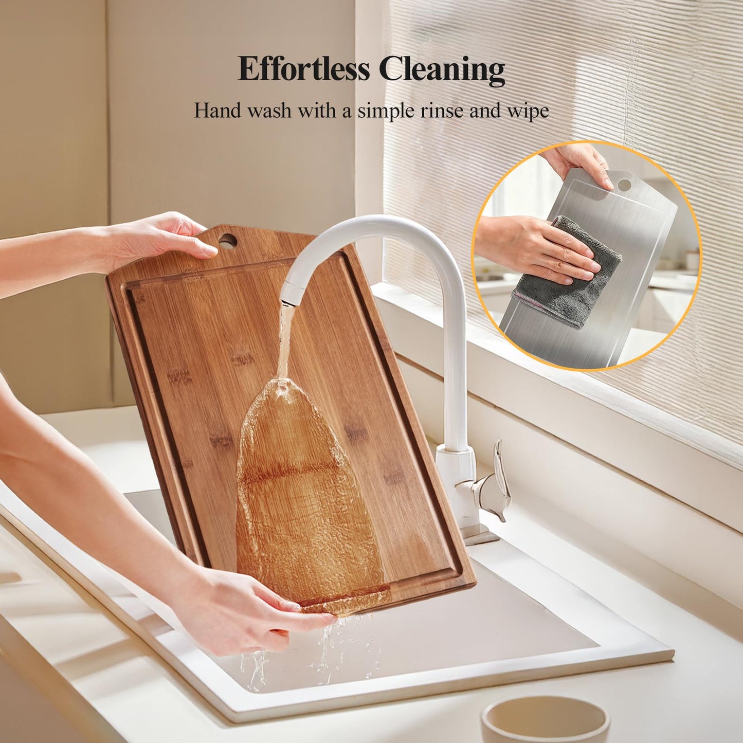 Maxboro Bamboo Cutting Board Set for Kitchen, Detachable Stainless Steel Design, Double Sided Chopping Boards with Deep Juice Well and Built-in Handles for Meal Prep and Serving, Ideal Kitchen Gift