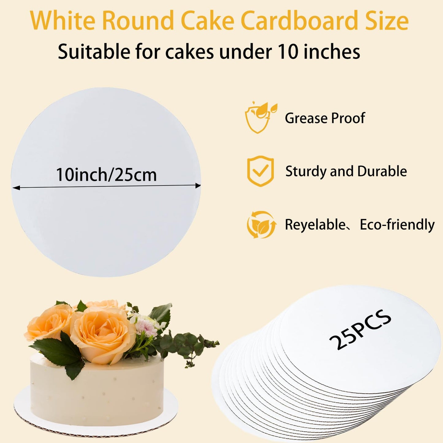 Ehonik 25Pcs Round Cake Boards, 10 Inch White Food-Graded Corrugated Cardboard, Waterproof and Oil-Proof Cake Plates Pizza Plates for Dessert, Baking, Cake DIY and Craft Display