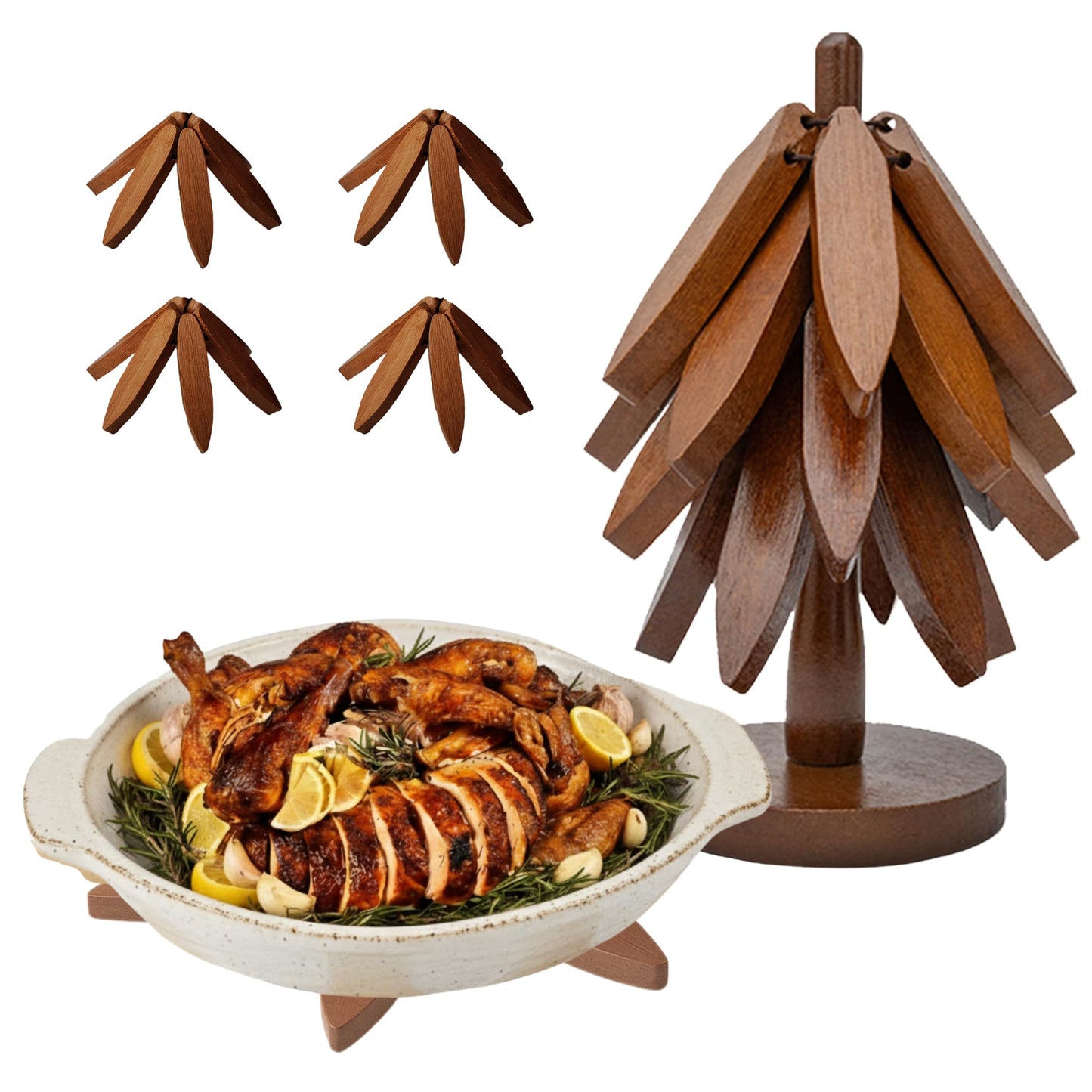 Wooden Trivets for Hot Dishes – Tree Trivet Set with 4 Foldable Wooden Trivets & 1 Stand, Heat-Resistant, Space-Saving Trivet Tree for Pots, Bowls & Teapots (Walnut)