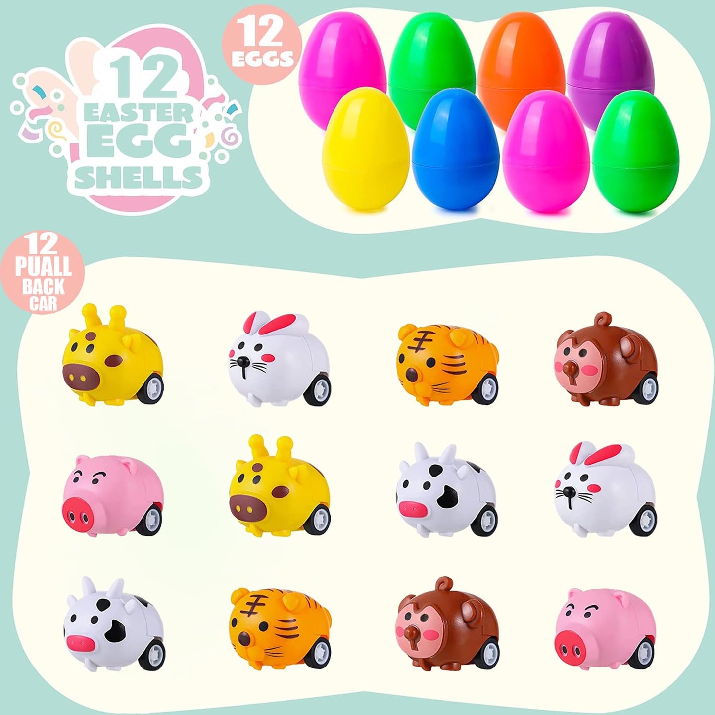 BAINFE 12PCS Easter Eggs with Pull Back Car Toys, Plastic Eggs with Cartoon Animal Vehicles for Kids Easter Egg Hunts, Easter Basket Stuffers Fillers, Easter Party Favor Classroom Prize Supplies