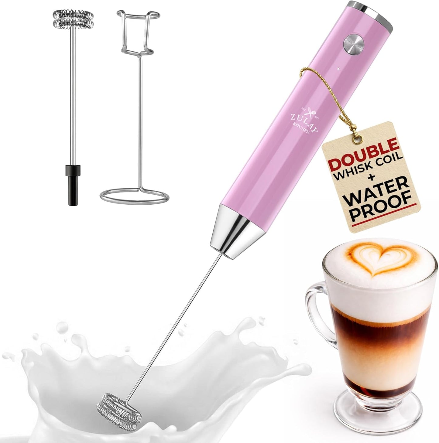 Zulay Kitchen Rechargeable Milk Frother - Powerful 2-Speed Motor, Waterproof, 2000mAh Battery | Pink Bubblegum for Lattes & Cappuccinos