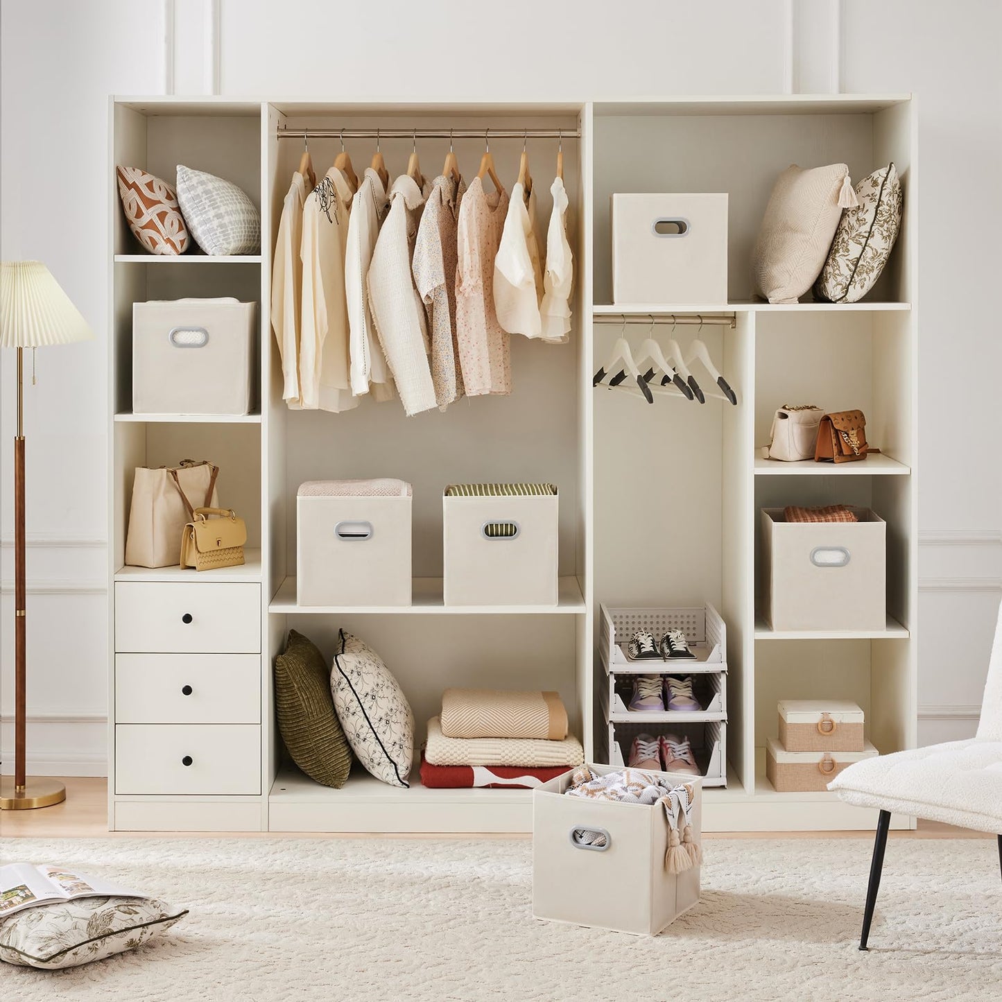 MAX Houser 6 Pack Foldable Fabric Storage Bins with Handles - Ideal for Closet Organization, Bedroom and Nursery（ Beige, 12"x12"x12"）