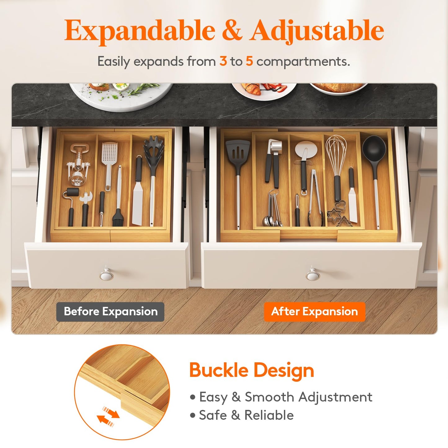Lifewit Utensil Organizer for Kitchen Drawer, Expandable Cooking Utensil Tray, Cutlery Silverware Flatware Holder, Wood Adjustable Spatula Tools Storage Divider, 13-22x15/ 33-56x38cm, Natural