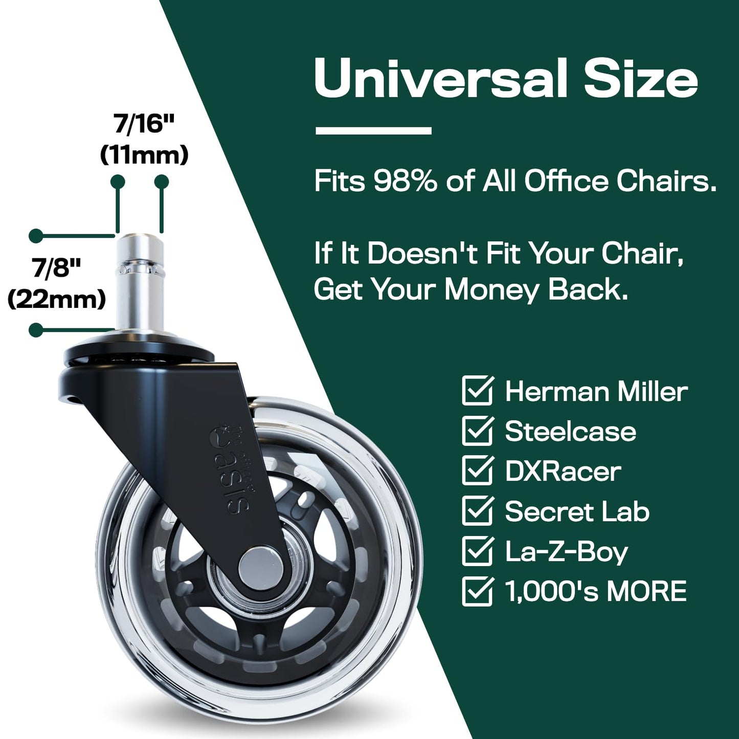 Office Oasis Rollerblade Office Chair Wheels - Smooth & Quiet Casters for Hardwood & Carpet - Set of 5