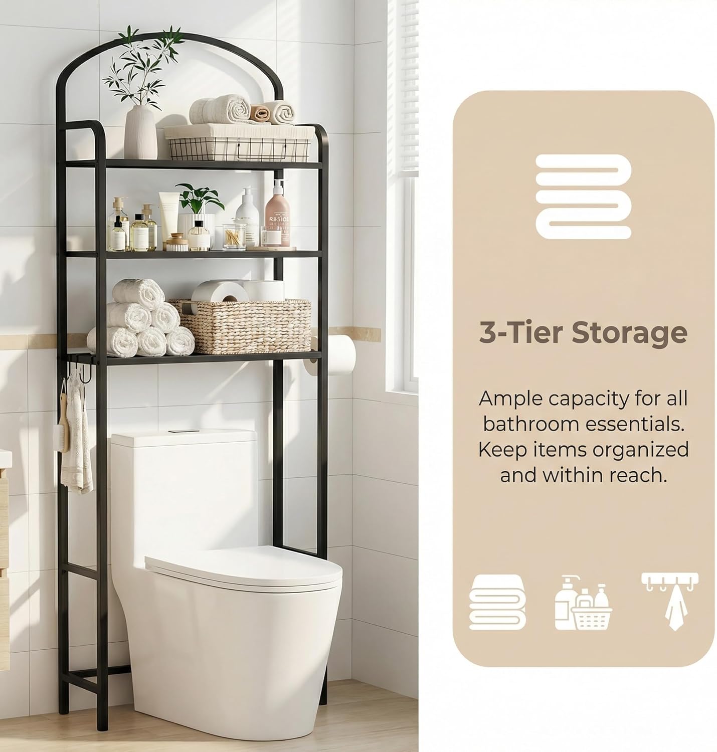Skiennix Over The Toilet Storage Rack - 3-Tier Bathroom Organizer with Hooks & Paper Holder - Black Metal Shelf