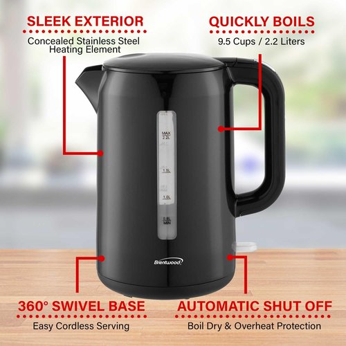 Brentwood 1100W BPA Free Cordless Electric Kettle with Concealed Stainless Steel Heating Element, 360° Base, Auto Shut Off, and Boil Dry Protection (Black, 2.2L)