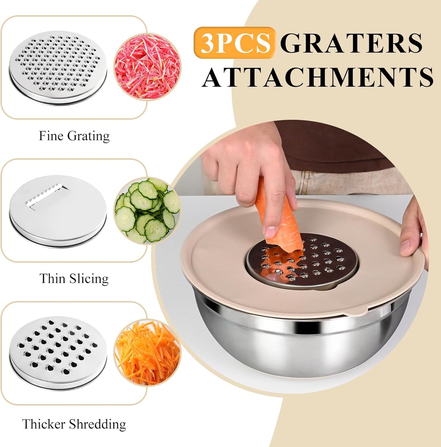 Regine Switzerland Mixing Bowls Set - 20 PCS Kitchen Gadgets with Airtight Lids & Non-Slip Silicone Bottoms | Stainless Steel & Grater Attachments, Khaki