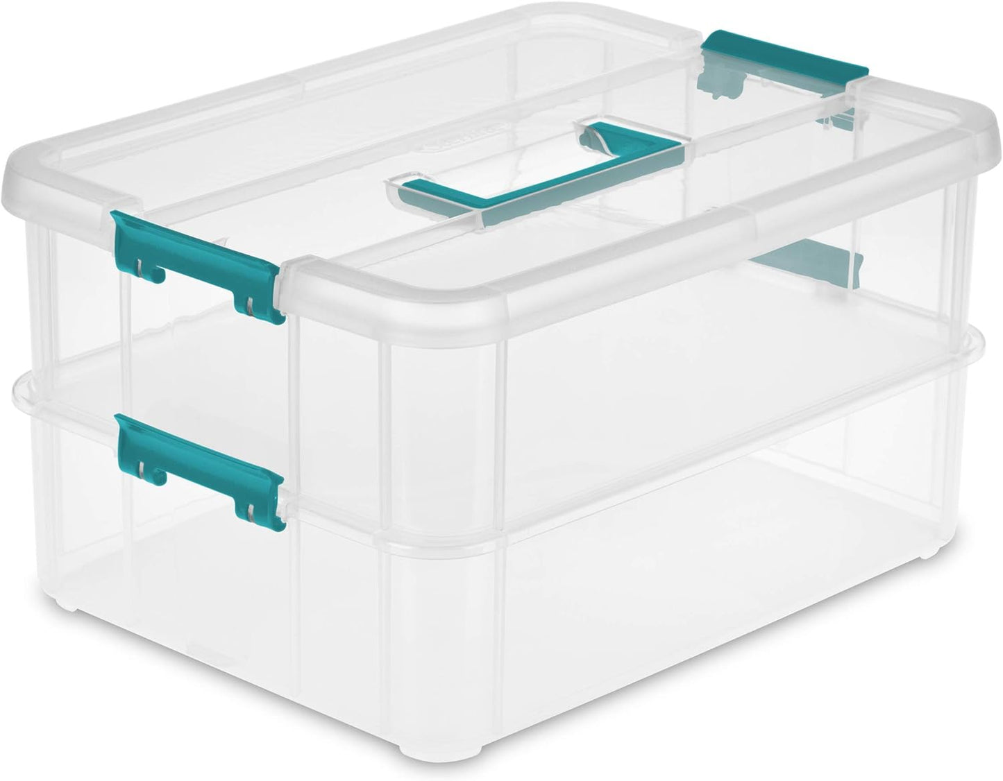 Sterilite 1427CLR Stack & Carry - Clear 2-Layer Storage Box with Blue Handle & Lid
