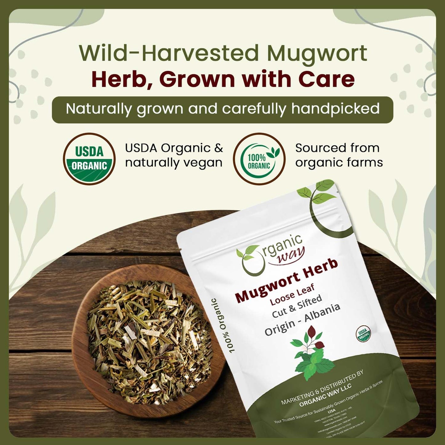 Organic Way Mugwort Herb Loose Leaf Cut & Sifted (Artemisia Vulgaris) Herbal Tea | Kosher & USDA Certified | Vegan, Non-GMO & Gluten Free | Raw from Albania (16 Ounce (pack of 1))