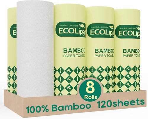 ECOlipak Bamboo Paper Towels - Soft & Absorbent 2-Ply | 8 Rolls, 120 Sheets, Compostable & Plastic-Free
