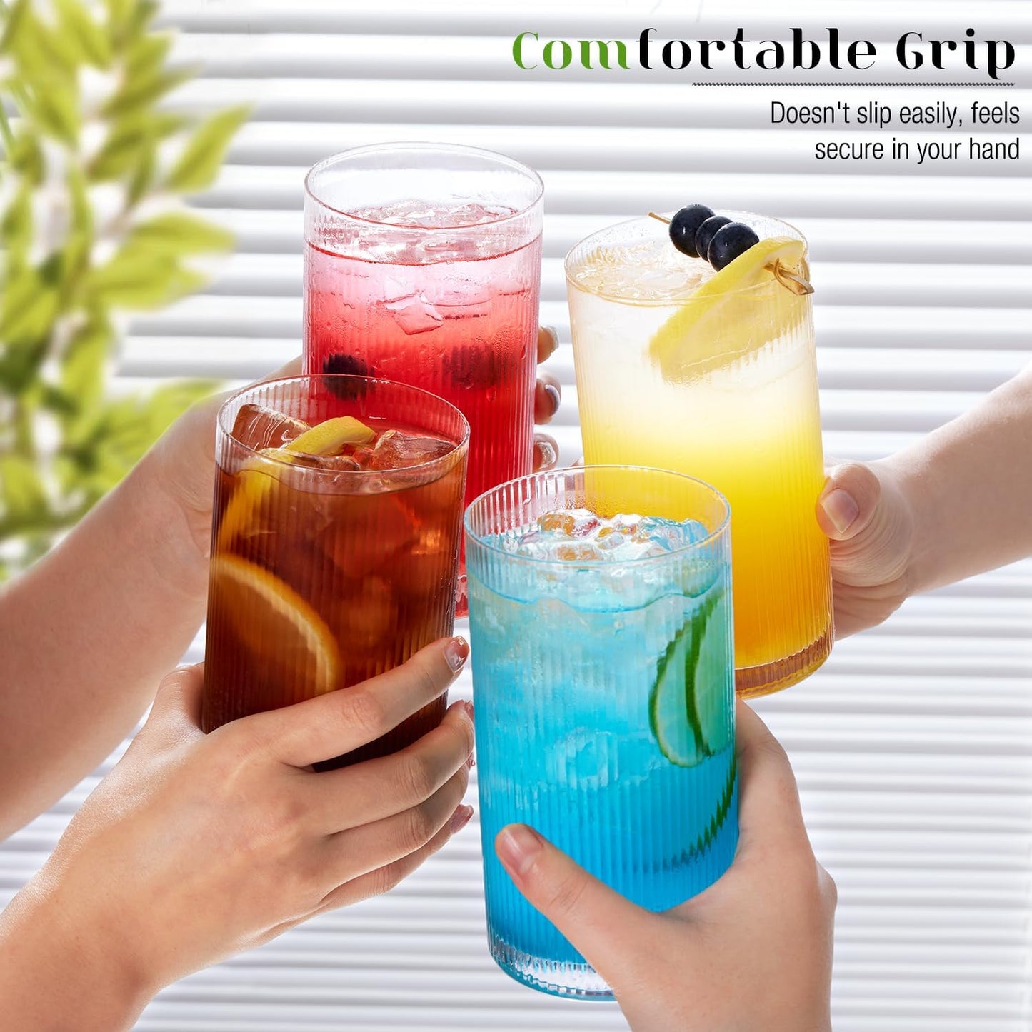 LUNA & MANTHA Drinking Water Glasses Set, Lead-Free Crystal Highball Glass, Tall Glass Cups for Cocktail Parties,ribbed set of 8,17oz&12oz