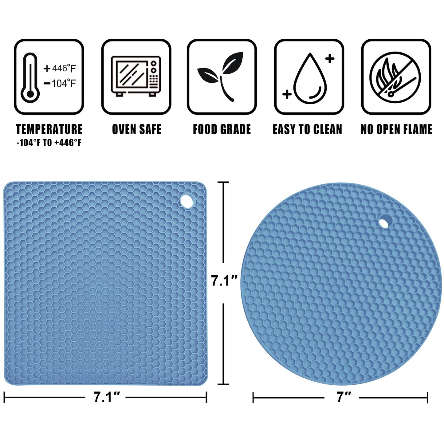 Walfos Silicone Trivet Mats - 4 Heat Resistant Pot Holders, Multipurpose Non-Slip Hot Pads for Kitchen Potholders, Hot Dishers, Jar Opener, Spoon Holder, Food Grade Silicone & BPA Free (Nordic Blue)