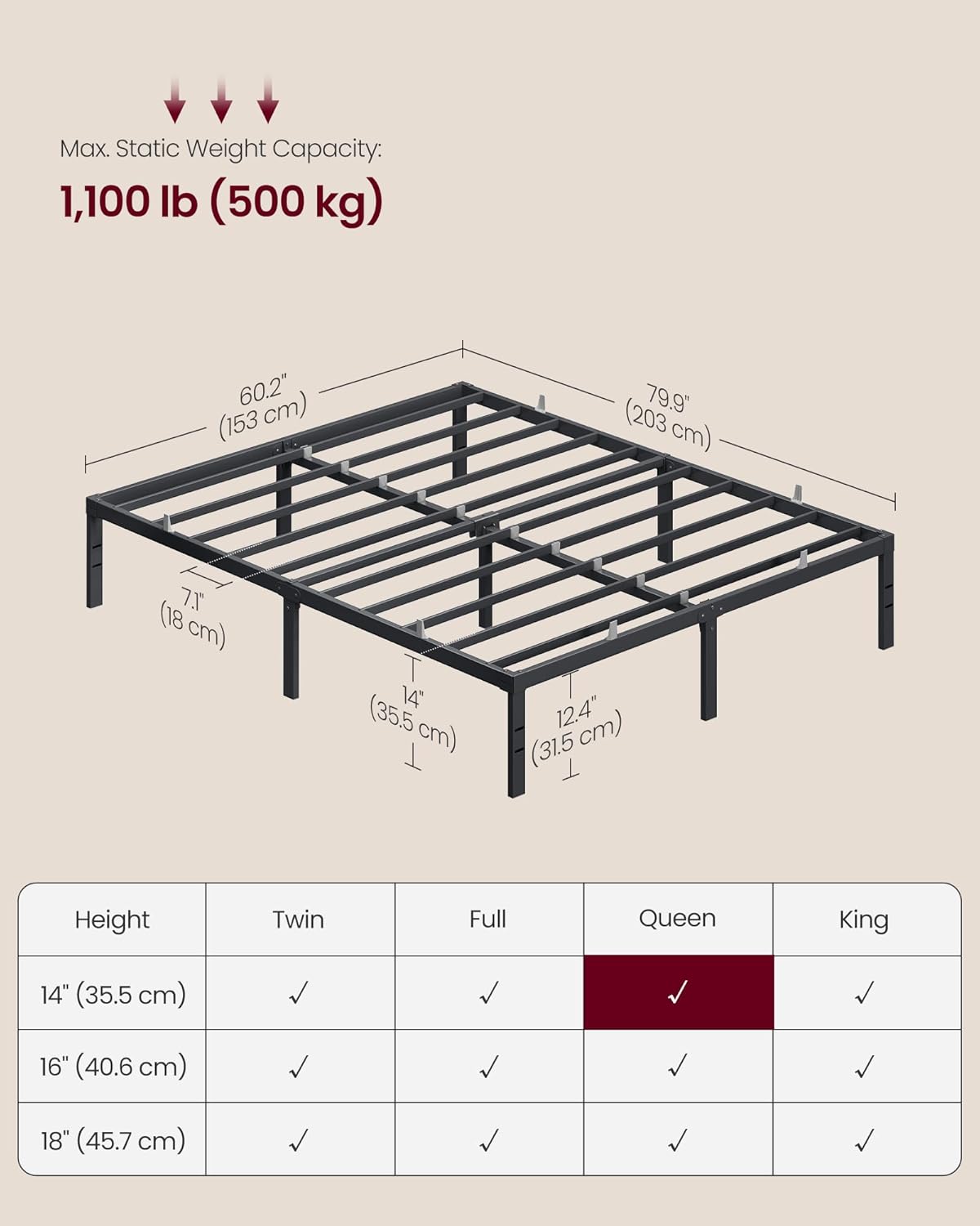 VASAGLE Queen Metal Bed Frame - 14-Inch Height, 1100 lb Capacity, No Box Spring Needed | Under-Bed Storage, Easy Setup, Matte Black