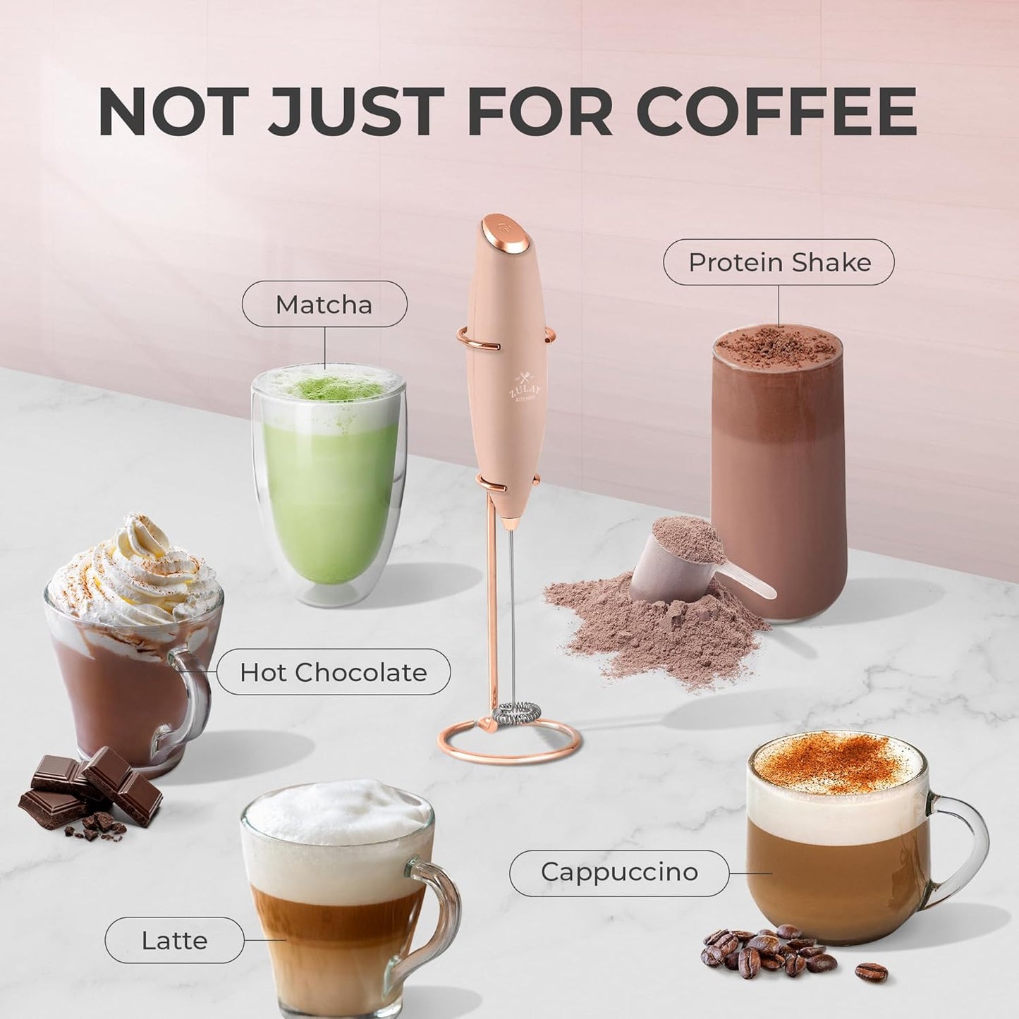 Zulay Kitchen Milk Frother Wand - Ultra-Fast Handheld Electric Whisk for Coffee & Lattes - Rose Peach